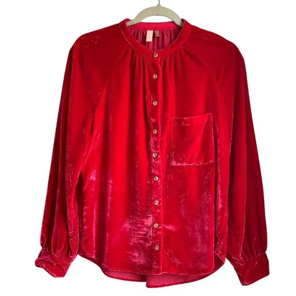 Pilcro Sz Small Coral Red Velvet Button-Down Blouse Top Boho Relaxed - Picture 2 of 9